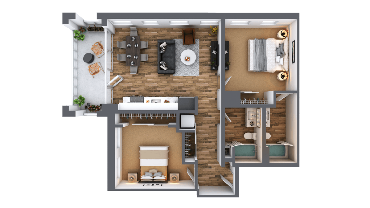 Floor plan for 2 beds, 2 baths, 1018 sqft